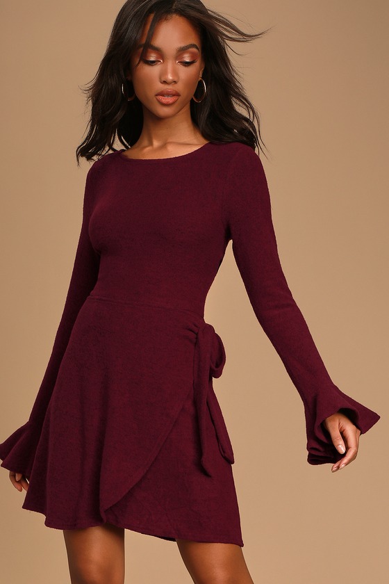 Burgundy Wrap Dress - Sweater Dress - Flounce Sleeve Dress - Lulus